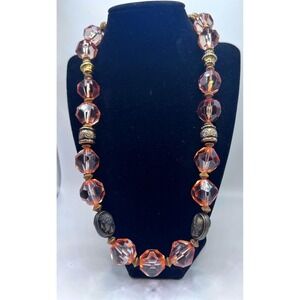 22" Faceted Peach Bead Necklace Brown Accents Gold Tone Vintage Style
